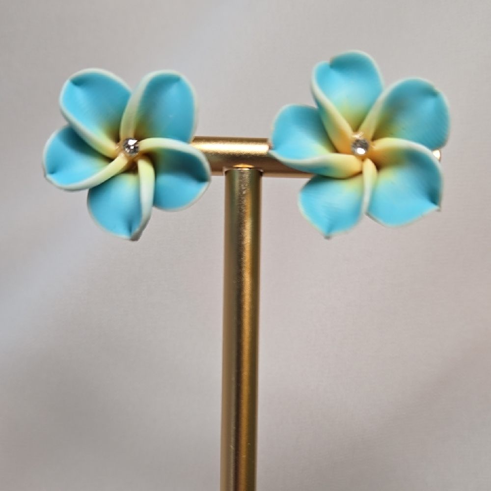 Polymer Clay Blue Plumeria And Rhinestone Post Earrings